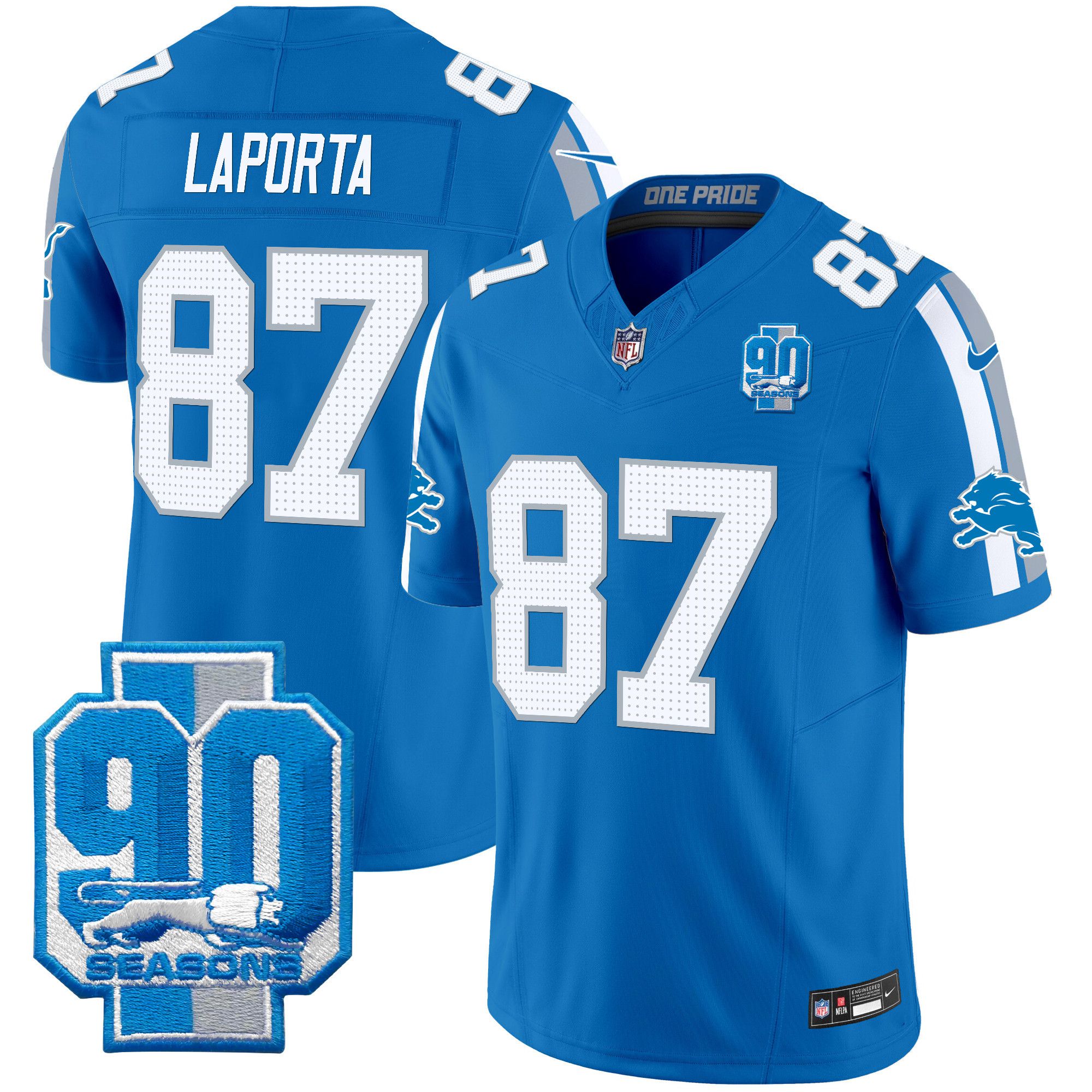 Men Detroit Lions #87 Laporta Blue 2024 Nike 90th Year Patch Vapor Limited NFL Jersey